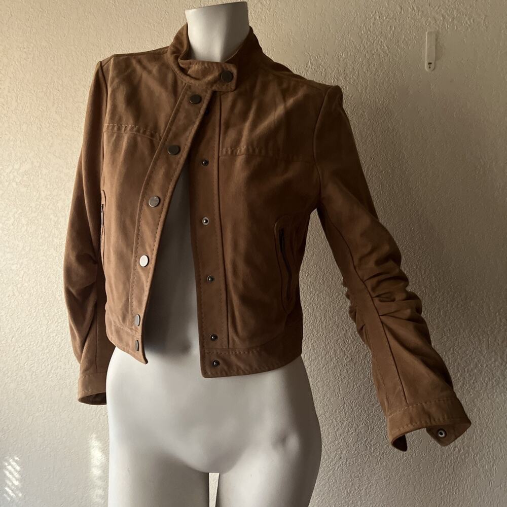 BCBG Max Azria Suede Moto Jacket Small Tawny Brown Pockets Cropped